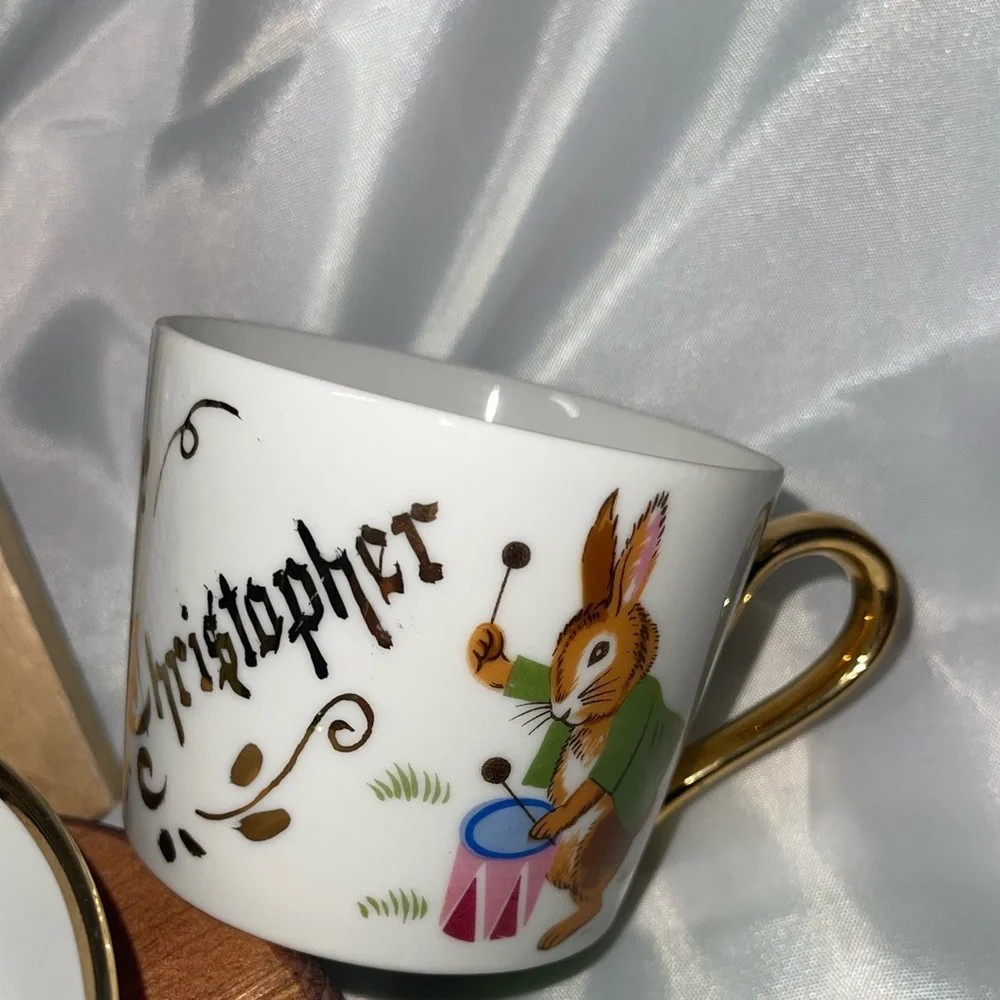 Vintage Bunny Baby Dish Set – Personalized “Christopher” Mug & Plate Gold Trim